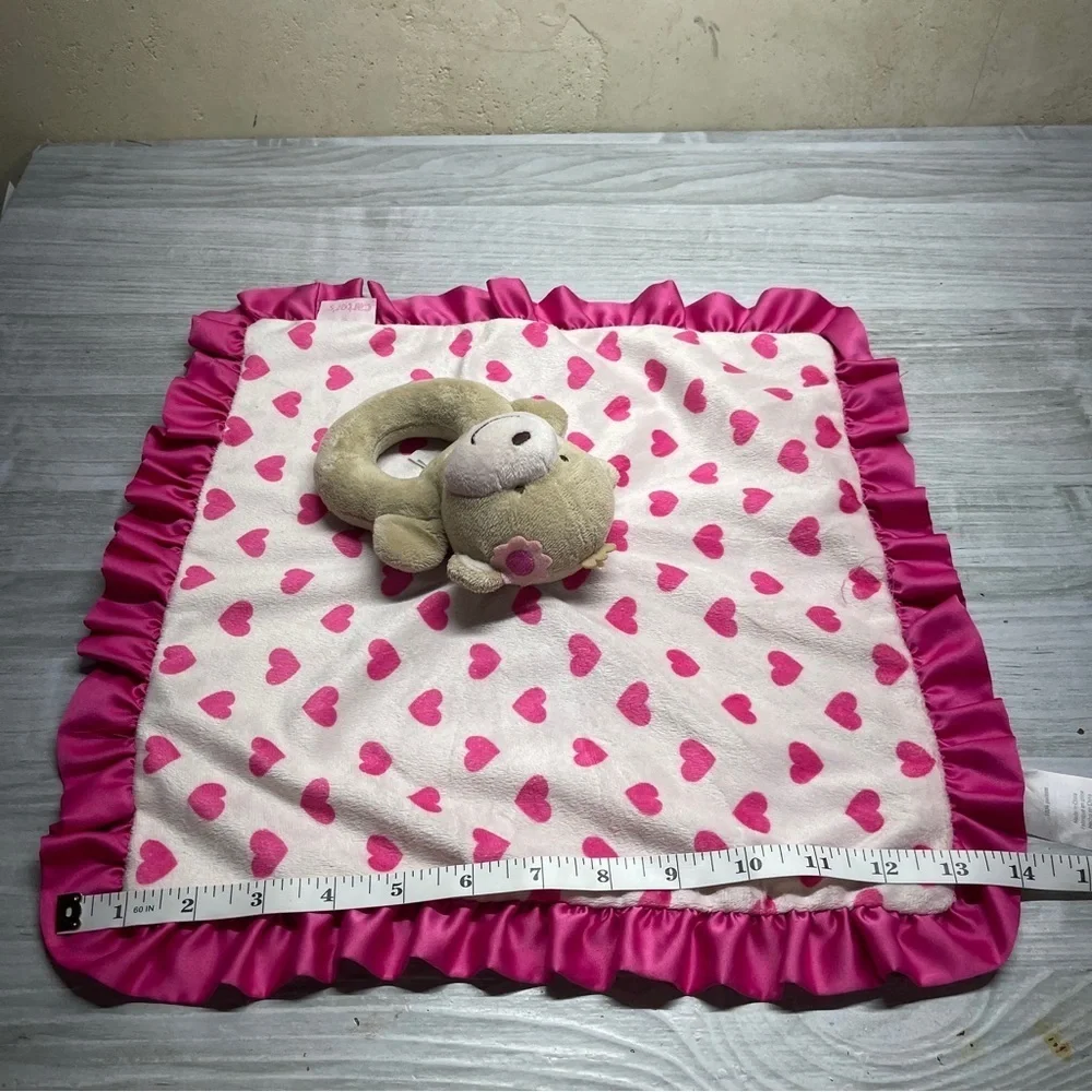 Carter’s Baby Monkey Plush Rattle White Pink Heart Satin Lovey Security Blanket